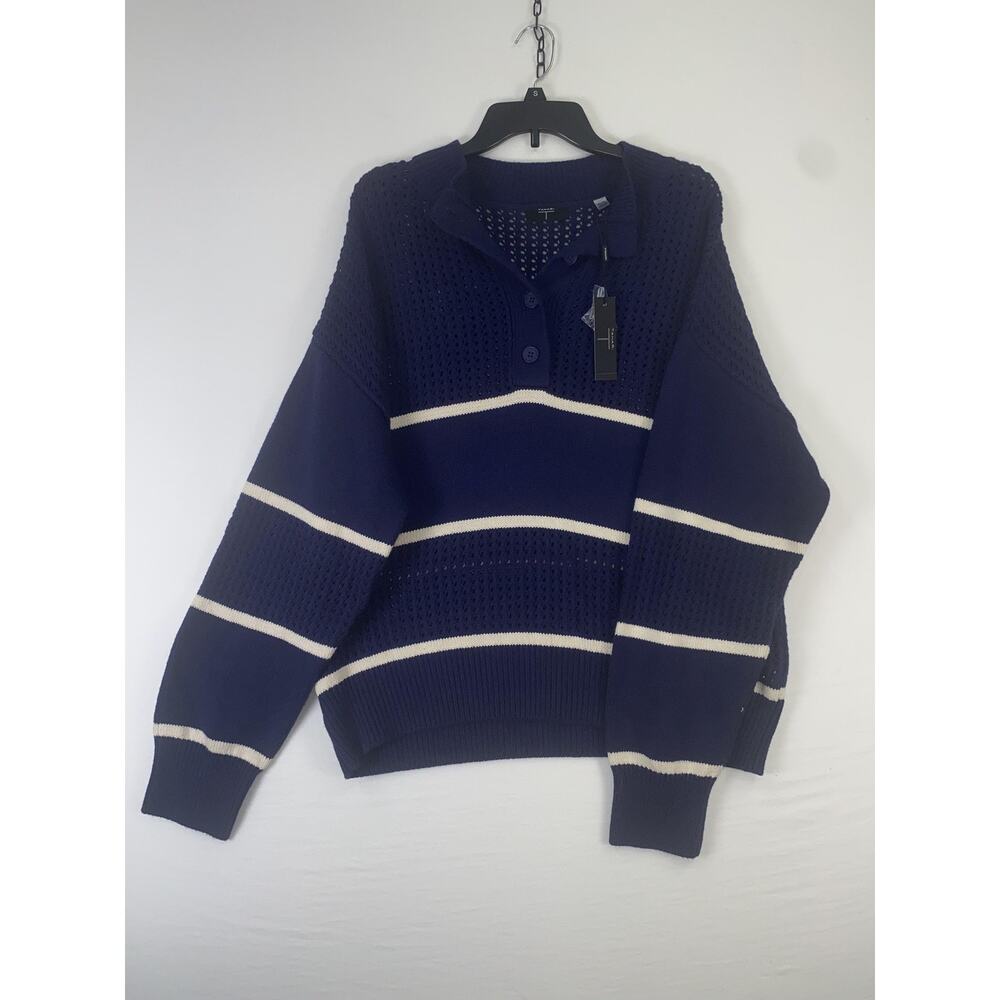 Tahari Sweater Womens XL Blue Stripe Open Knit Collared Pullover Top Nautical